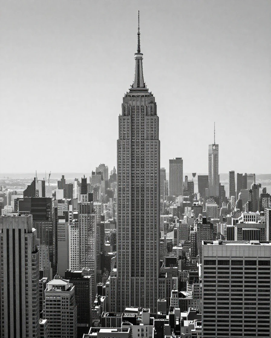 A towering skyscraper rises above the surrounding rooftops above a sprawling urban skyline.