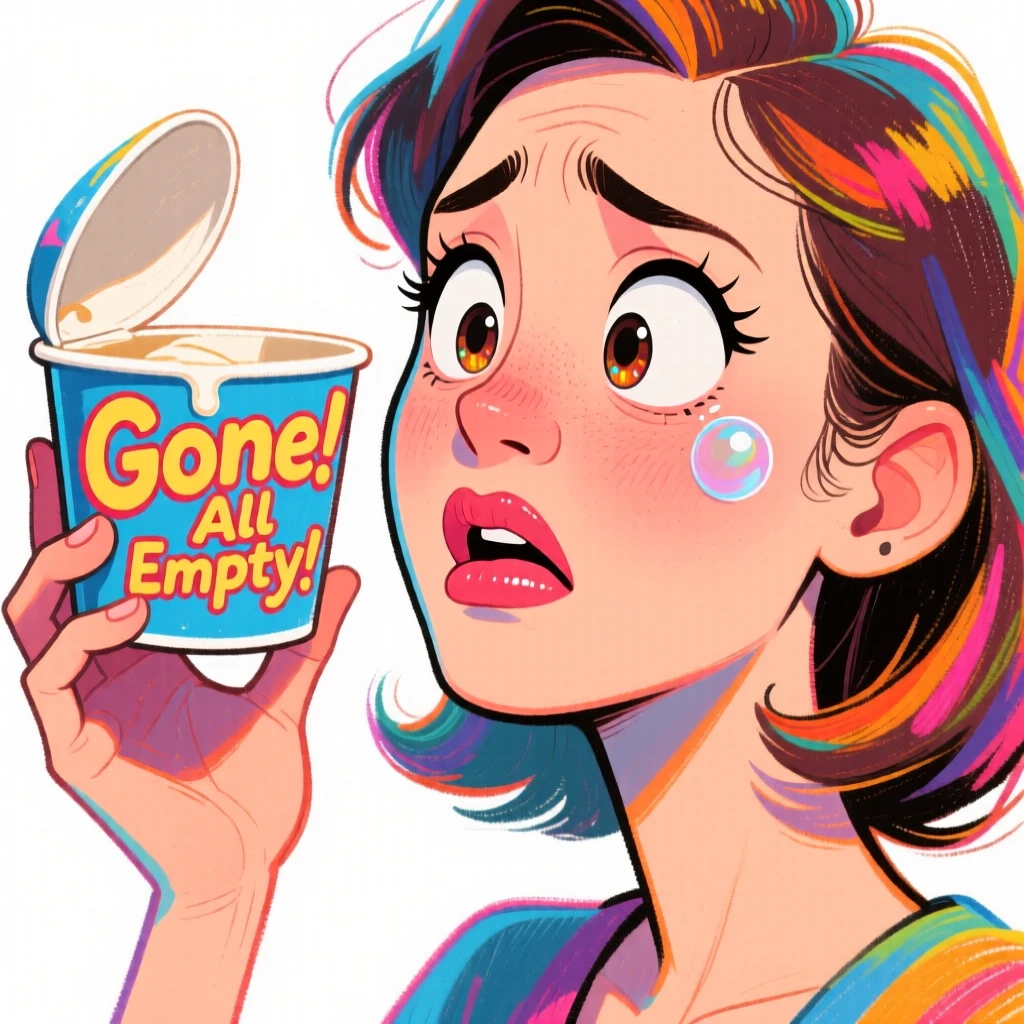 A woman doing an exaggerated pout while looking at an empty ice cream tub.