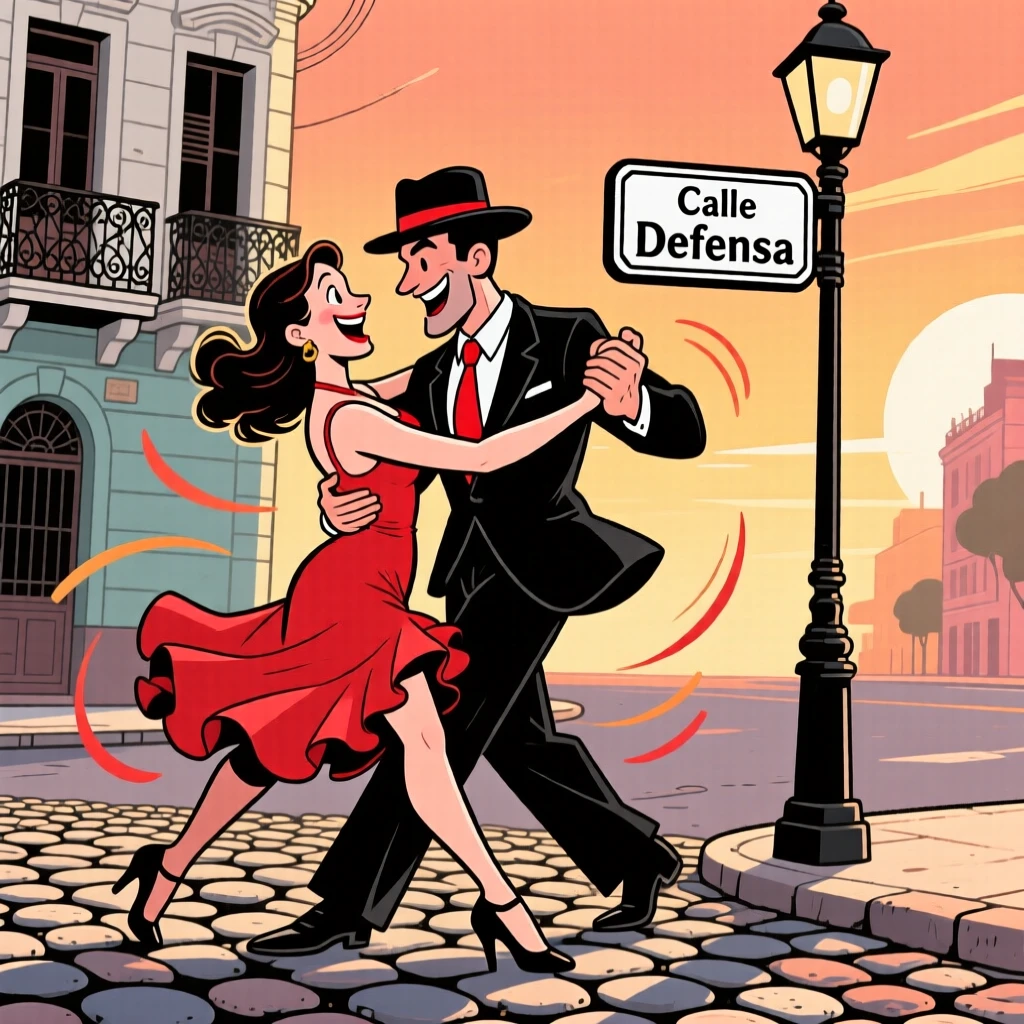 An iconic travel scene featuring a couple dancing tango passionately on a cobblestone street corner in Buenos Aires.