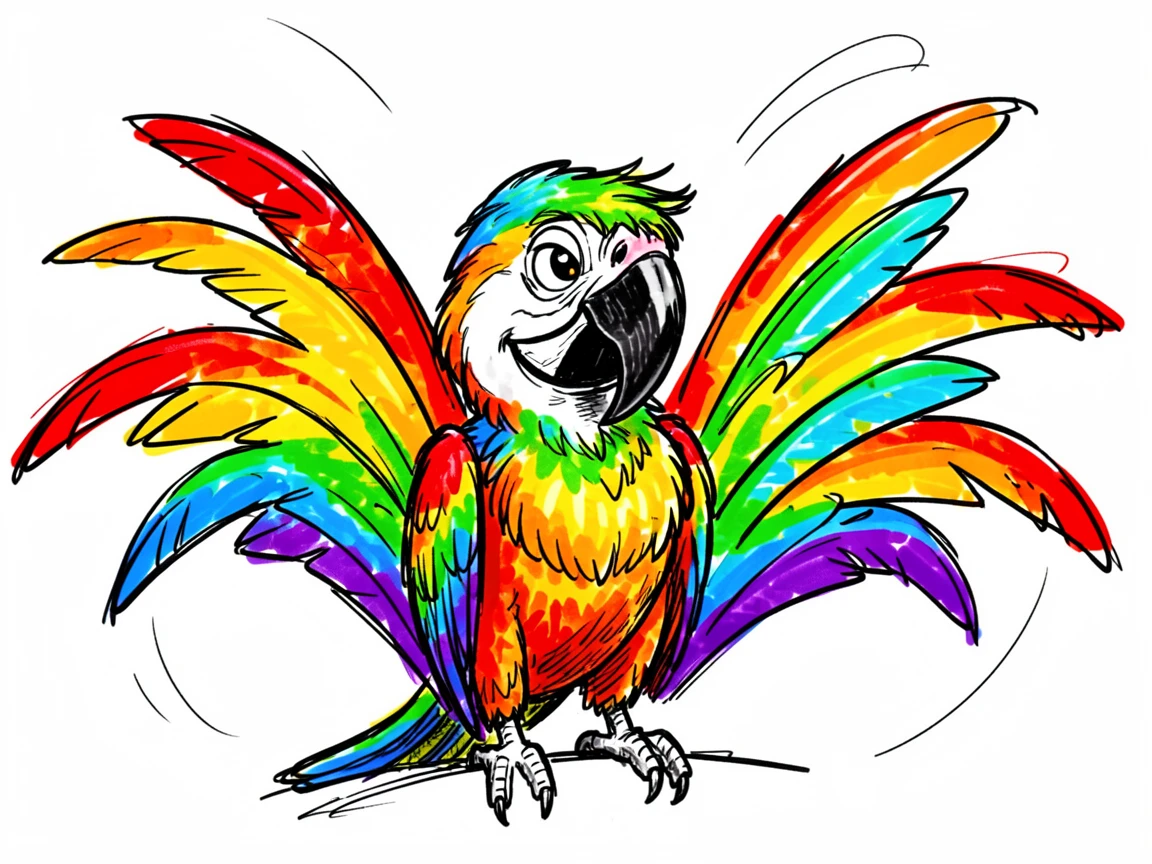 [Cute Animals & Pets] Adorable scene of a proud macaw showing off its vibrant rainbow feathers, bursting with charm and playful energy