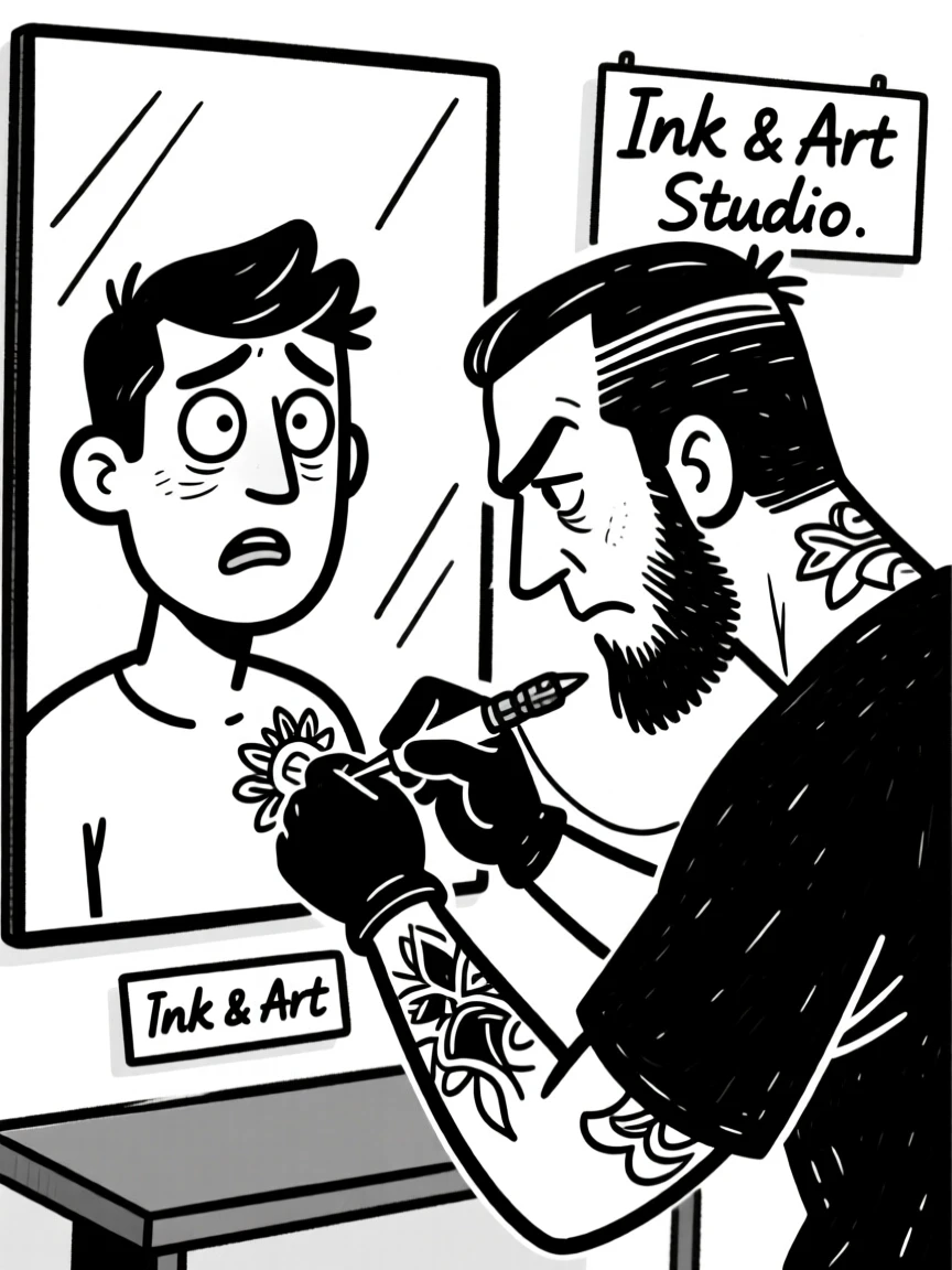 A tattoo artist carefully inking a design while the client watches nervously in a mirror.