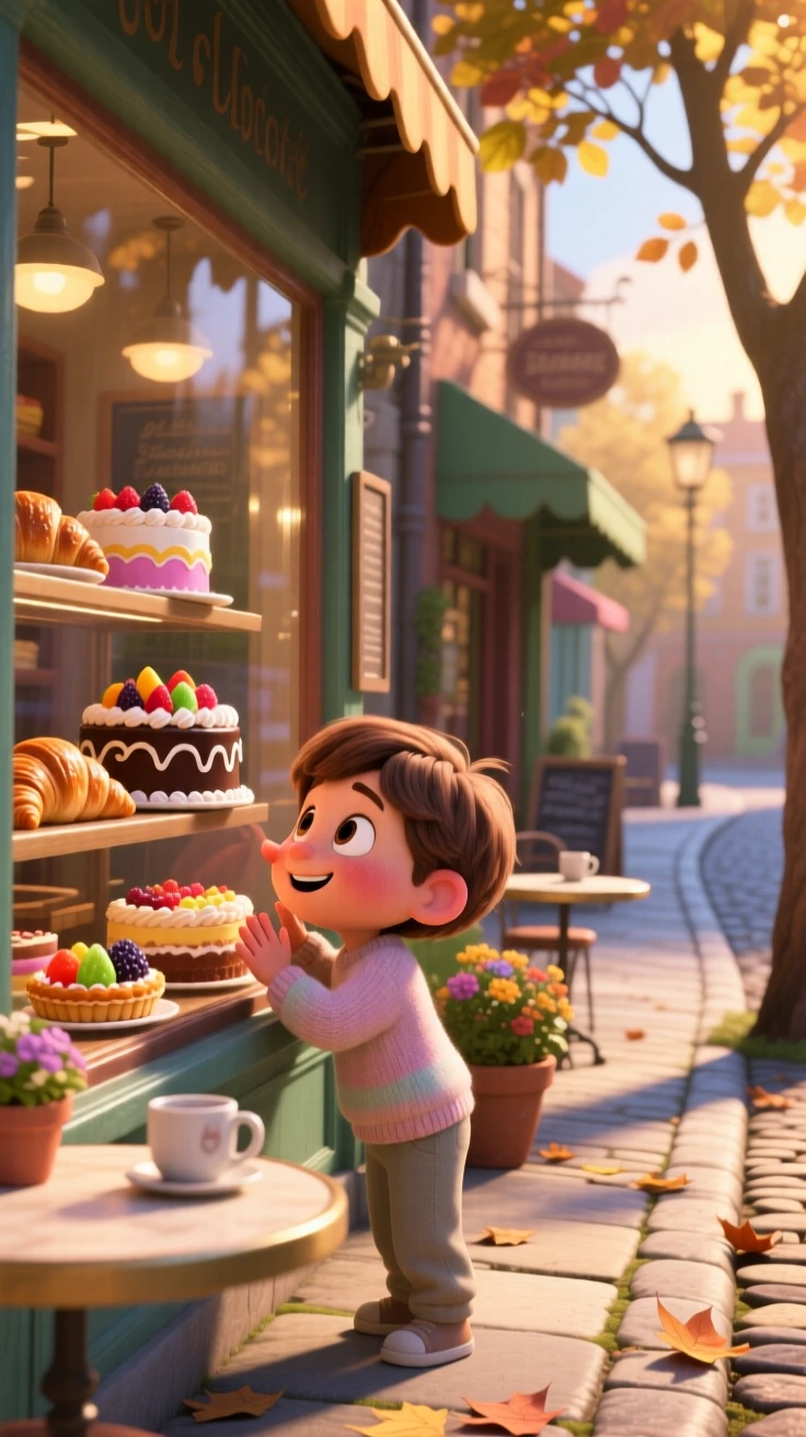A child pressing their nose against a bakery window is captured on a quiet cobblestone street lined with cafes, with a light breeze stirring nearby leaves. A simple contentment radiates through the scene.