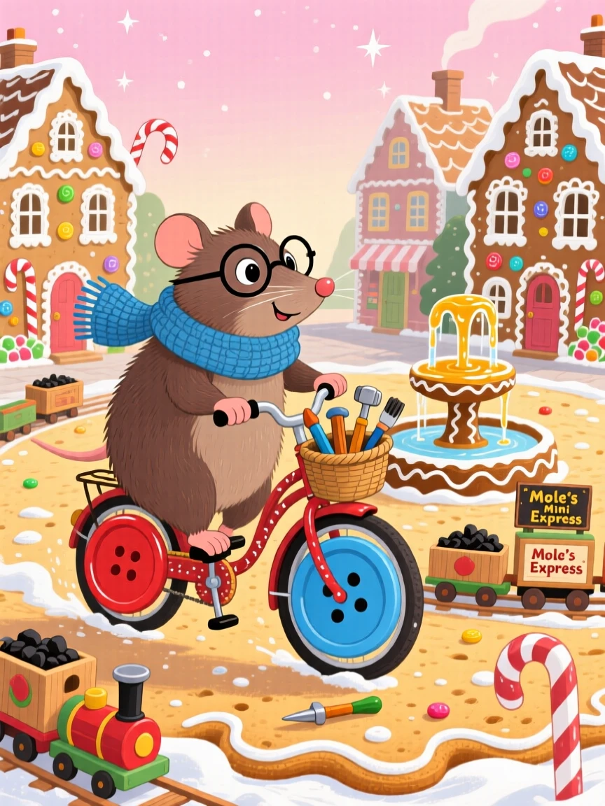 A mole who builds tiny trains delights in riding a bicycle with mismatched wheels made of buttons, tucked within a town square made entirely of gingerbread, with everything wrapped in a cozy, storybook charm.