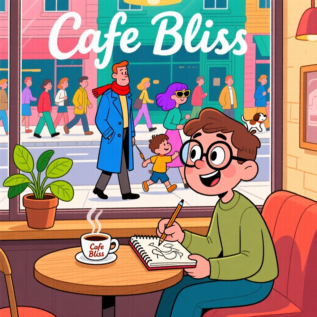 A person sketching passersby from a cafe window seat.