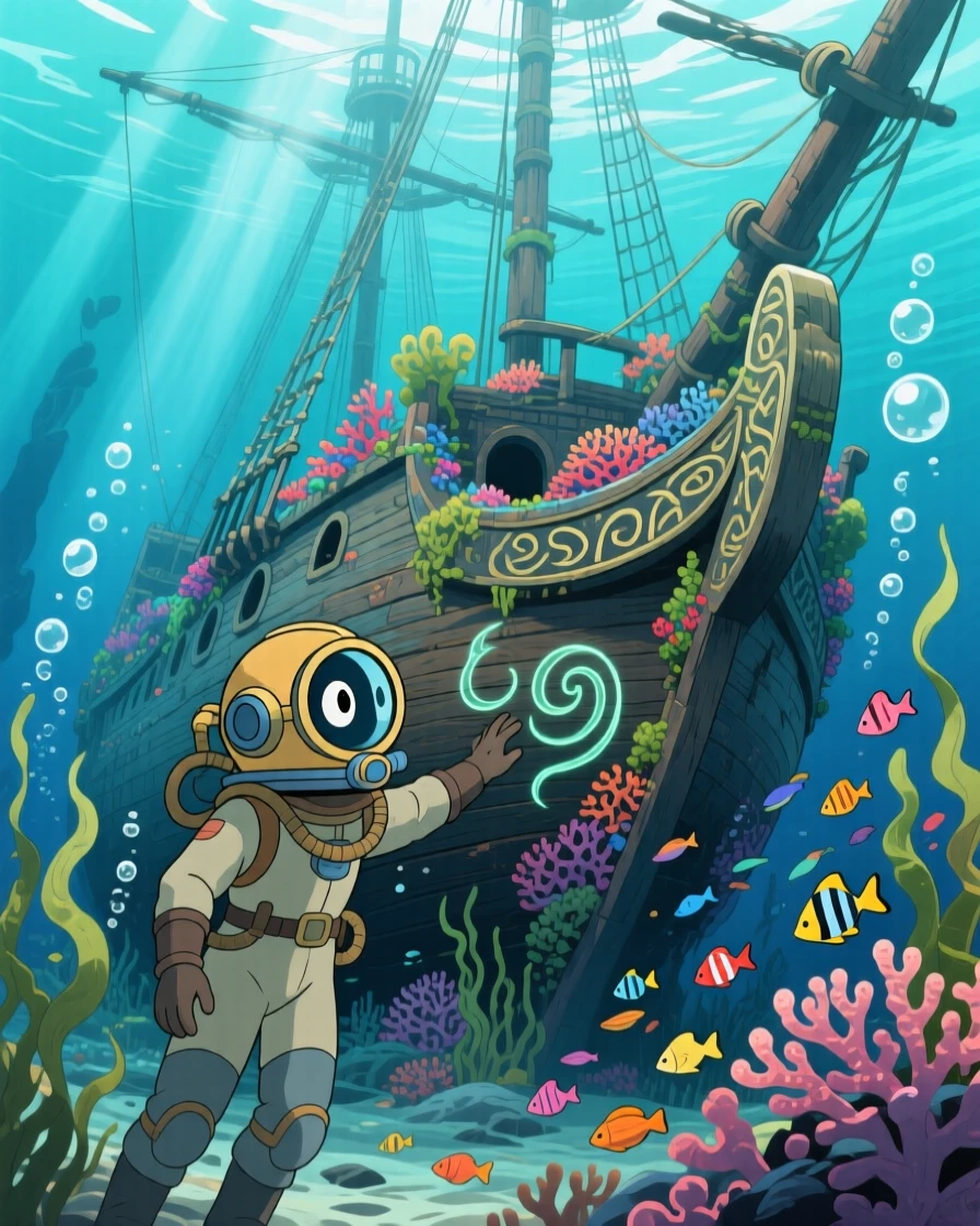 A diver discovering a sunken ship covered in coral, the moment adventurous and hopeful.