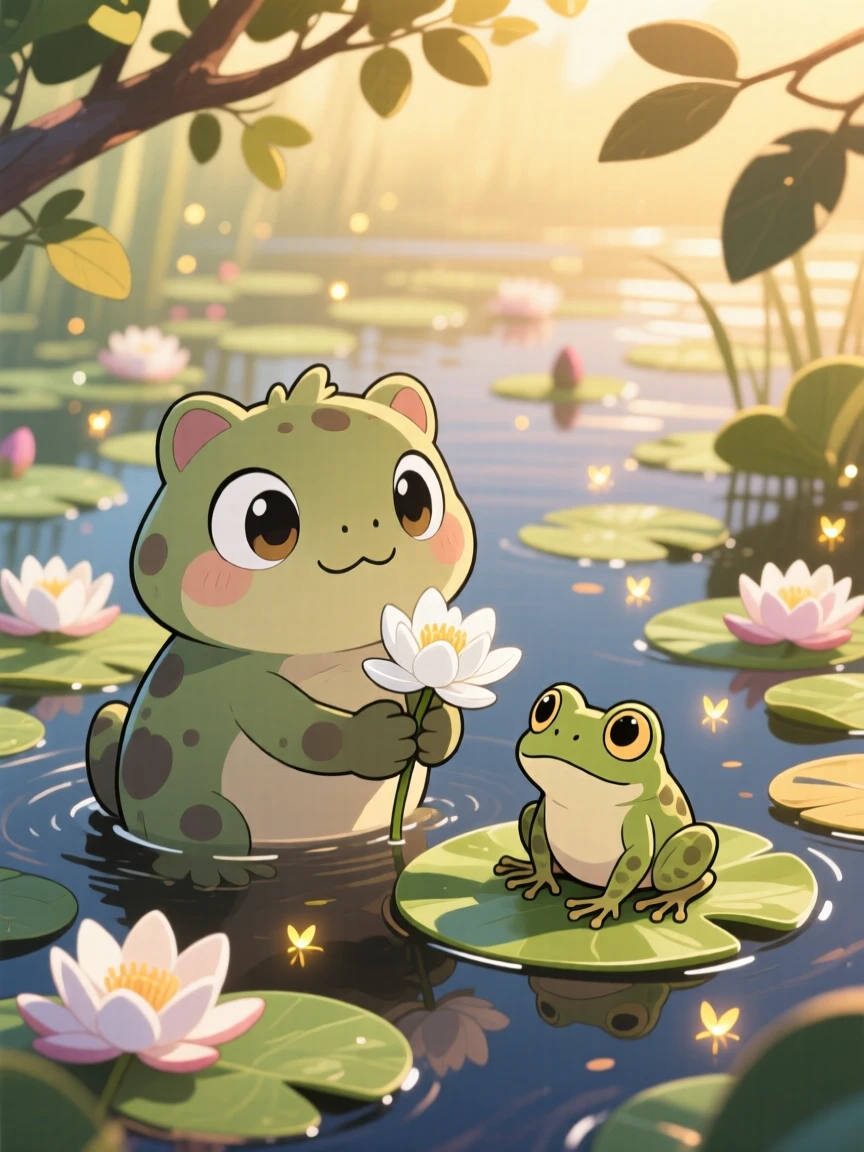 In a quiet lily-covered swamp, a friendly bog monster is offering a lily flower to a curious frog as fireflies begin to glow at dusk, bathed in warm morning light filtering through leaves, expression full of shy bashfulness. Shot as a close-up portrait.