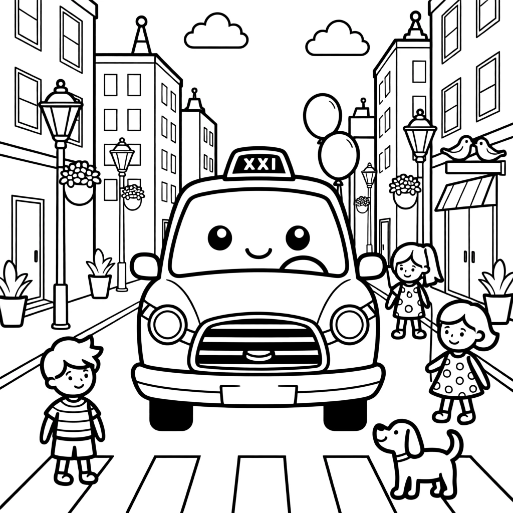 A cheerful taxi cab driving through a busy city street