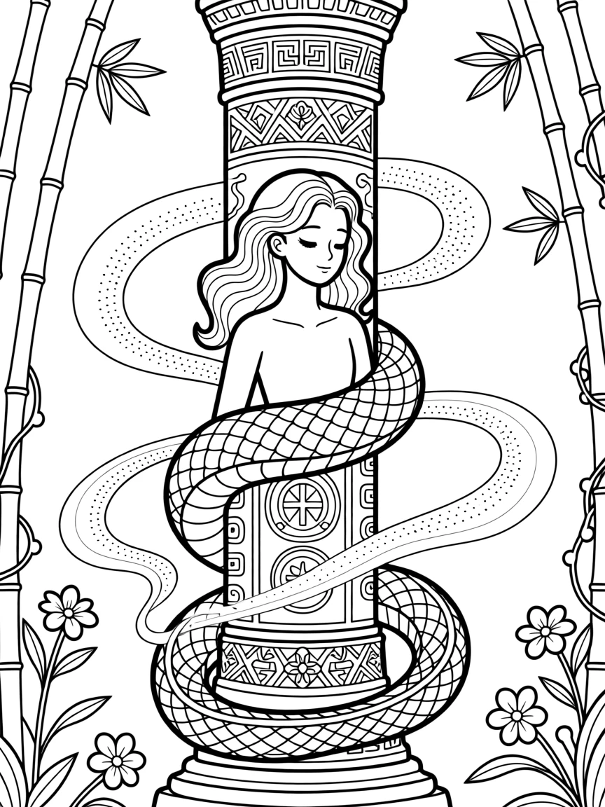 A naga coiled around an ancient temple pillar, with wisps of glowing spirit energy floating around.