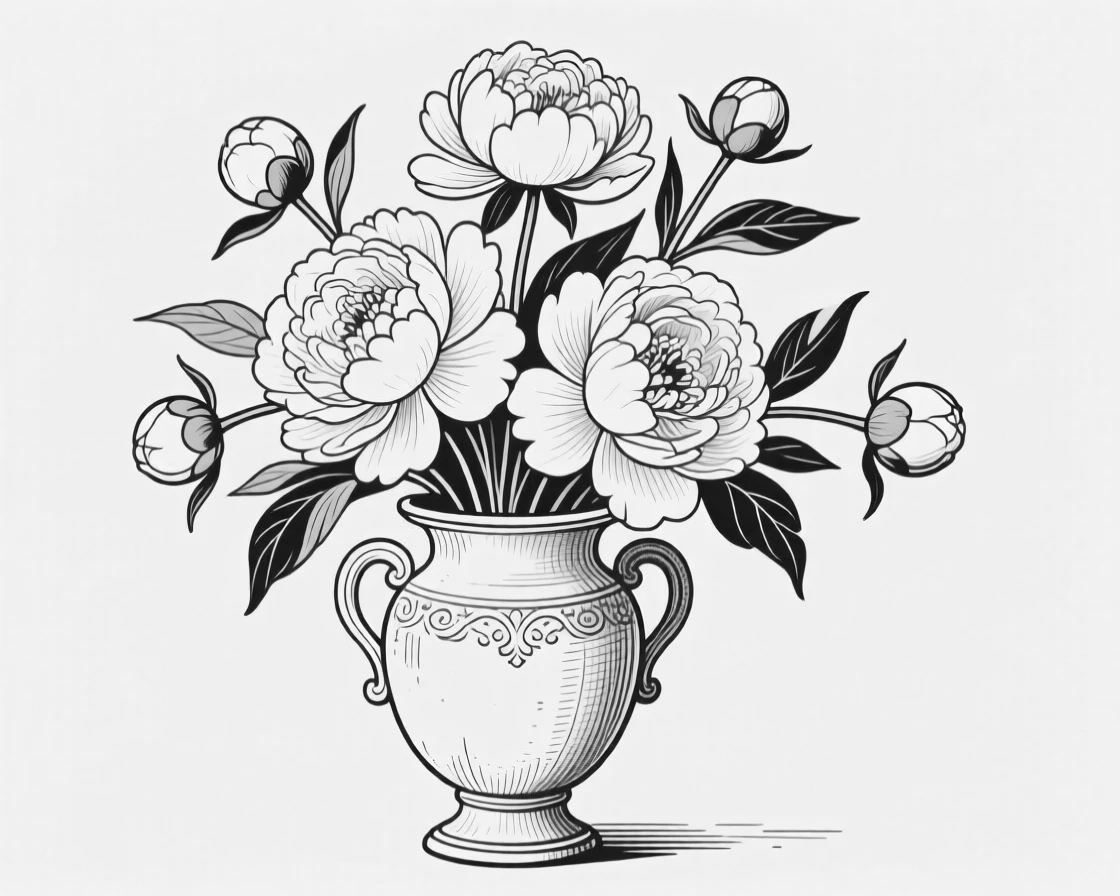 A bouquet of peonies in an antique vase