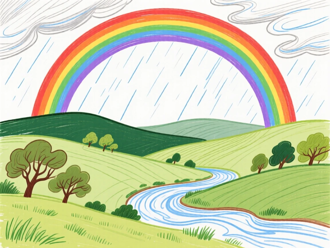 A rainbow arching over rolling countryside after a storm.