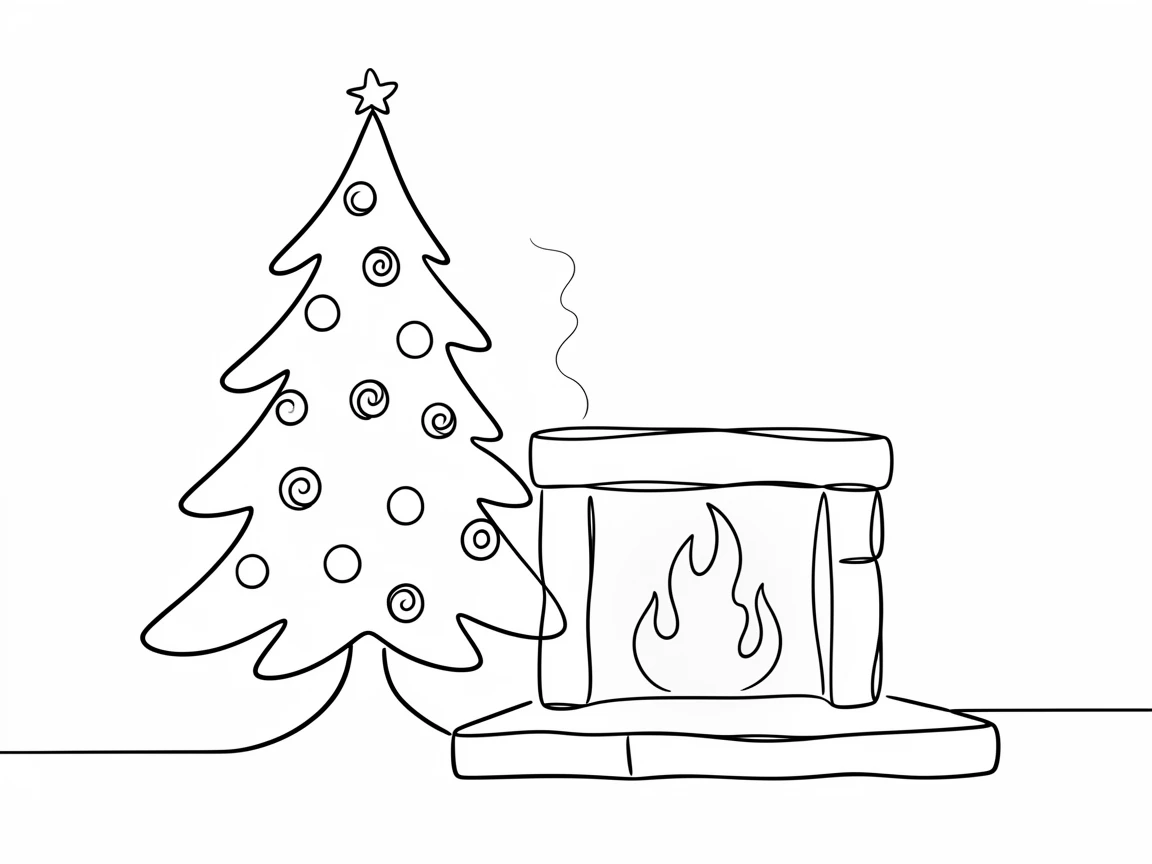 A decorated Christmas tree glowing beside a stone fireplace