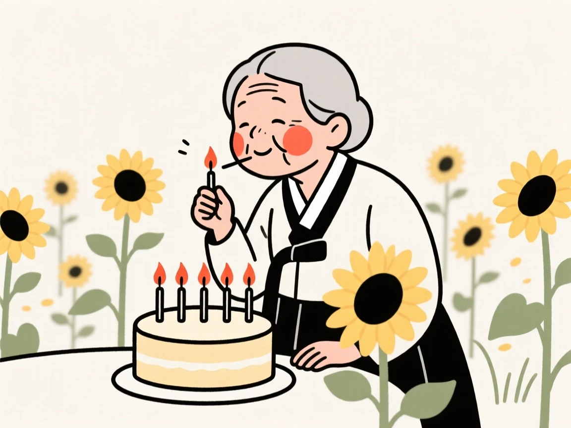 An elderly woman of Korean heritage blowing out birthday candles, in a sunflower field.