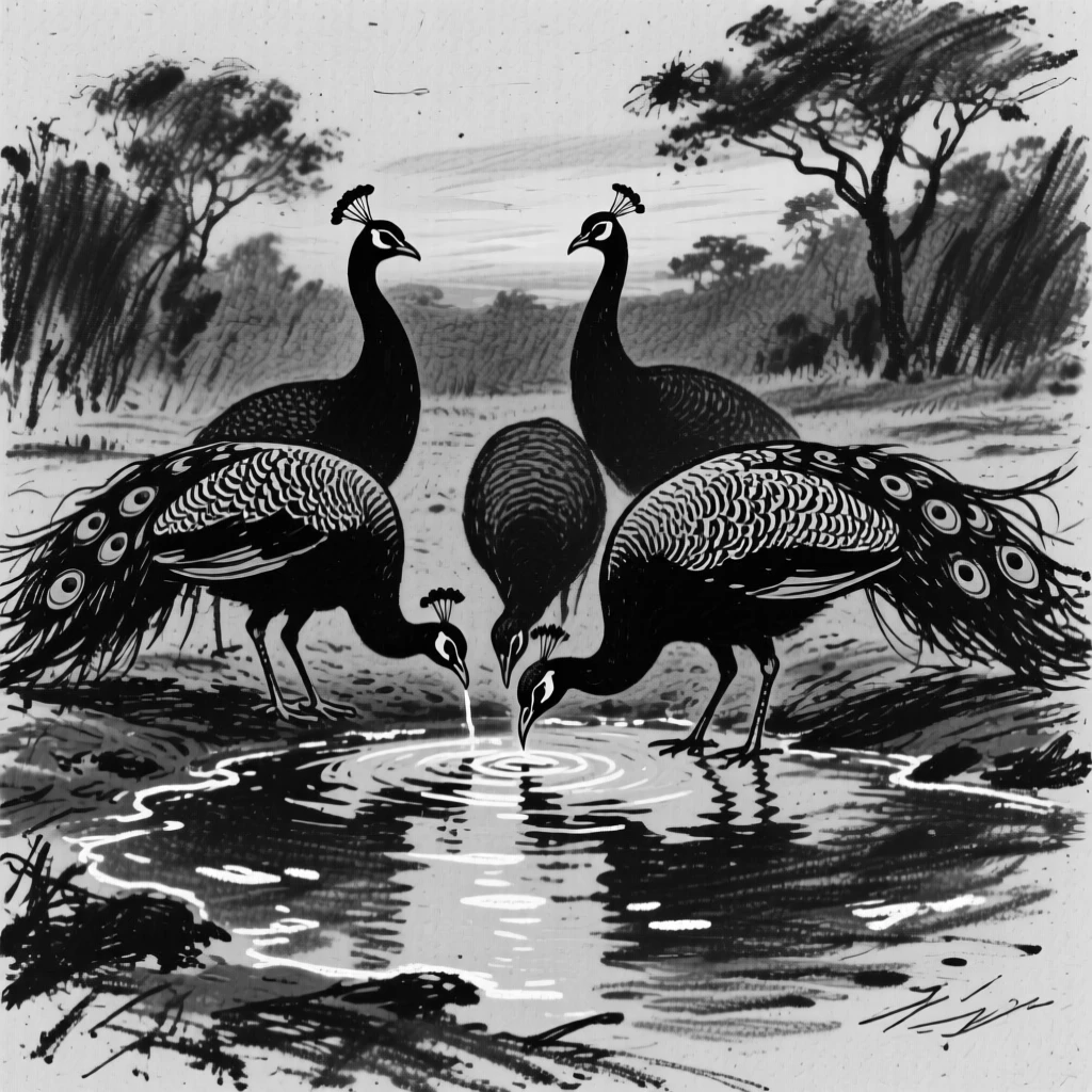A peacock gathered around a watering hole at dusk.