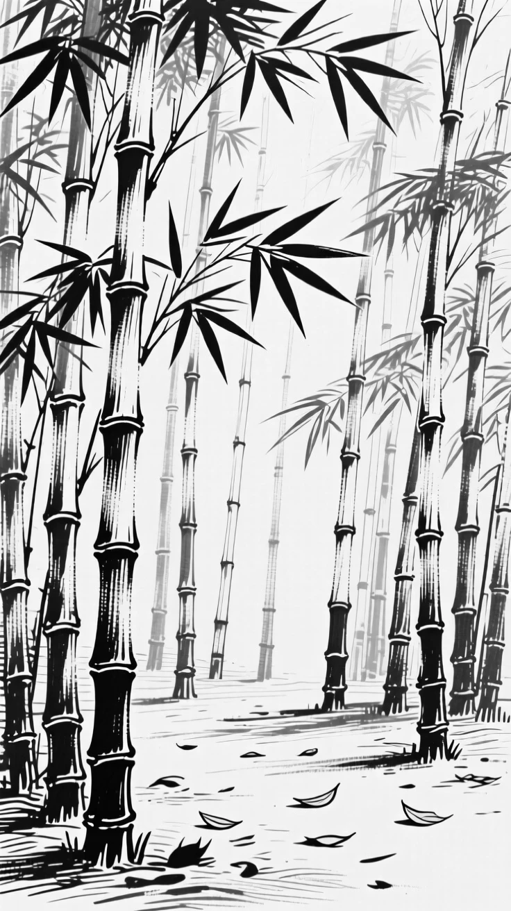A serene bamboo forest with tall stalks swaying gently in the breeze.