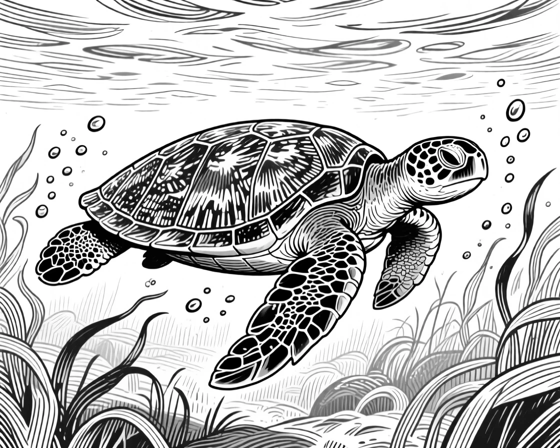 A sea turtle gliding through water in a sunlit meadow, with droplets of water clinging to its coat, capturing a playful and lighthearted moment in nature with a strong, centered focal point.