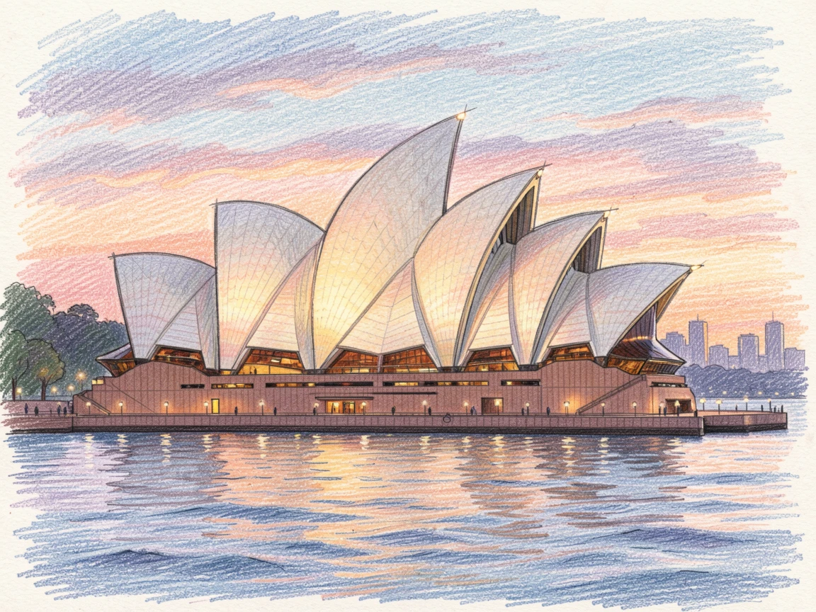 The Sydney Opera House glowing at twilight beside the harbor, with warm light casting long shadows across the scene, evoking wanderlust and the magic of far-off places.