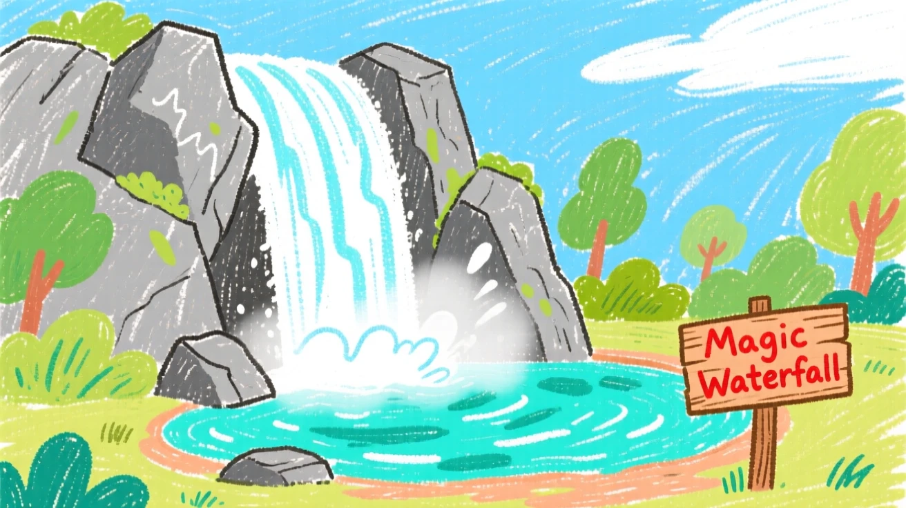 A towering waterfall cascading into a misty turquoise pool.