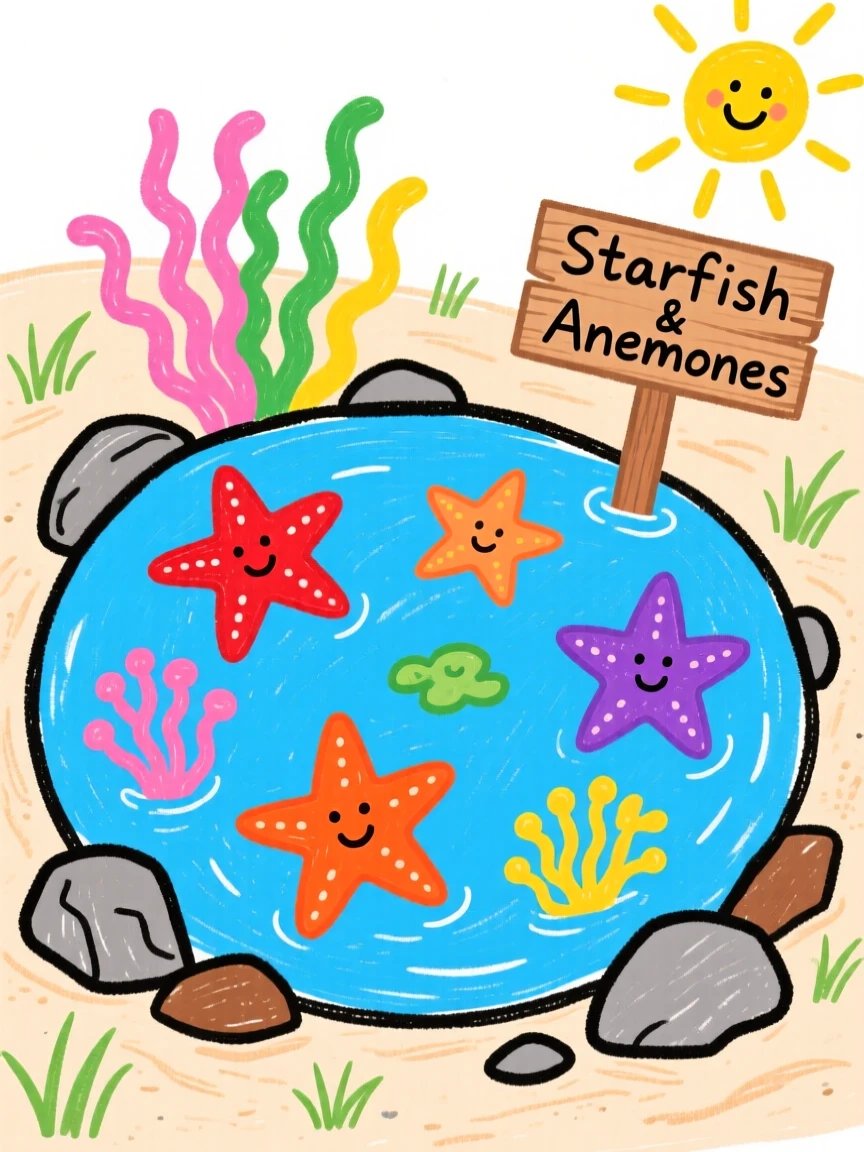 A tide pool full of starfish and sea anemones.