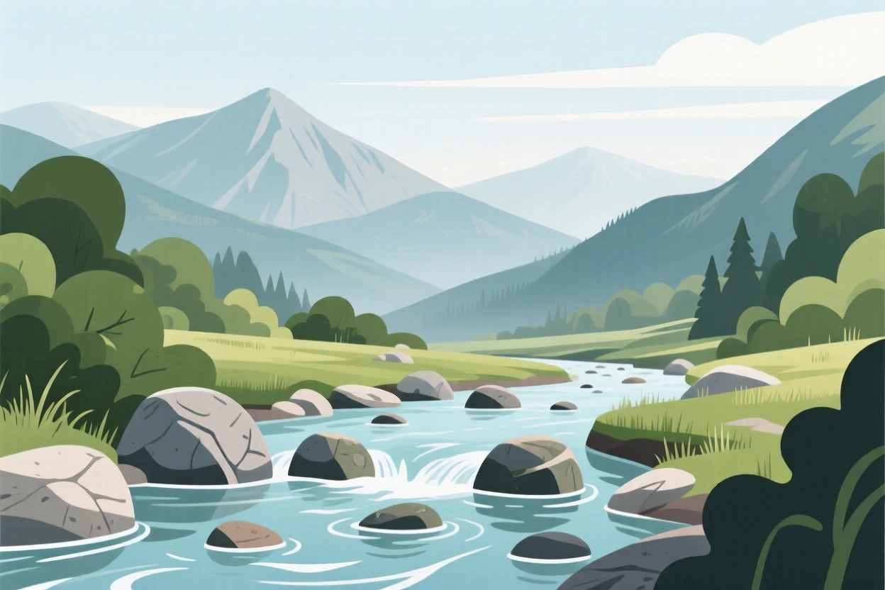 A quiet mountain stream tumbling over smooth stones, with distant mountains fading into a hazy horizon, framed with a wide sweeping panoramic view, with a fresh, crisp clarity that highlights every detail.