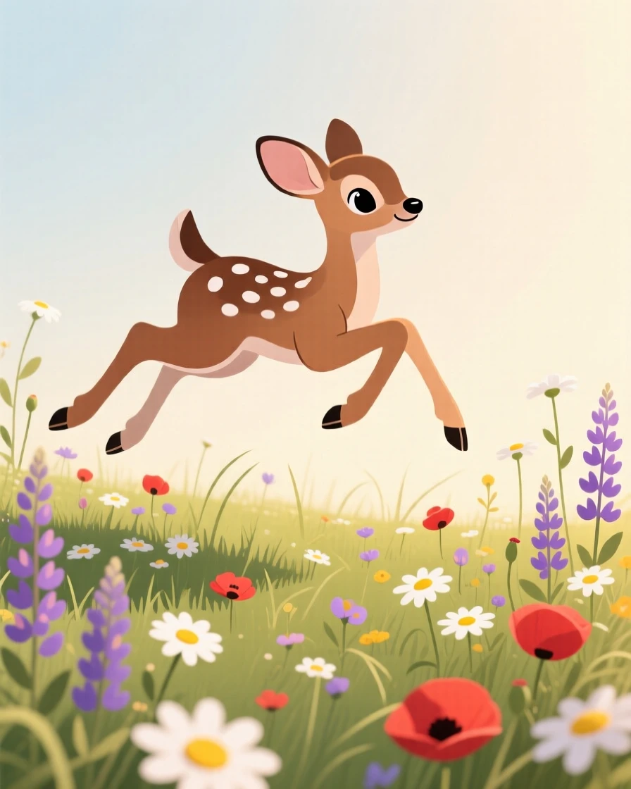 A playful fawn hopping through wildflowers in a sunny meadow.