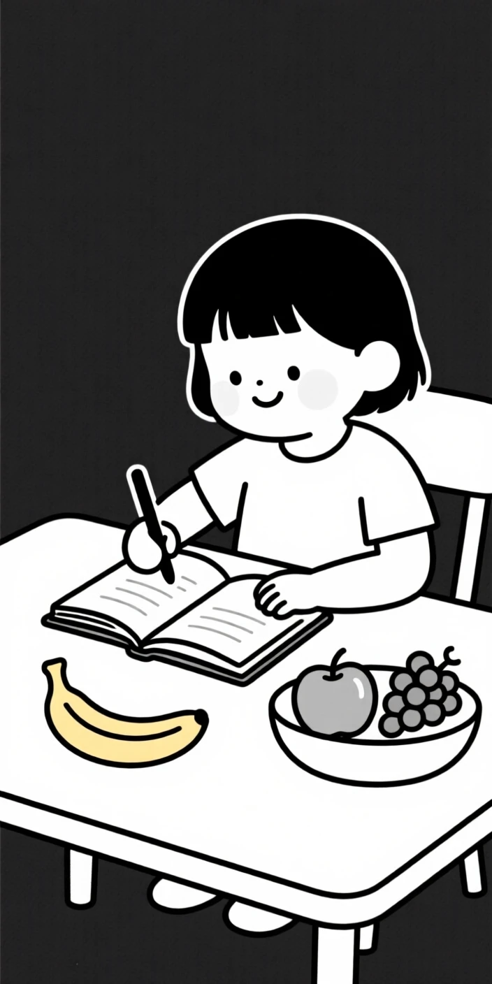 A portrait of a child writing in a journal near a bowl of fresh fruit, filled with gentle happiness.