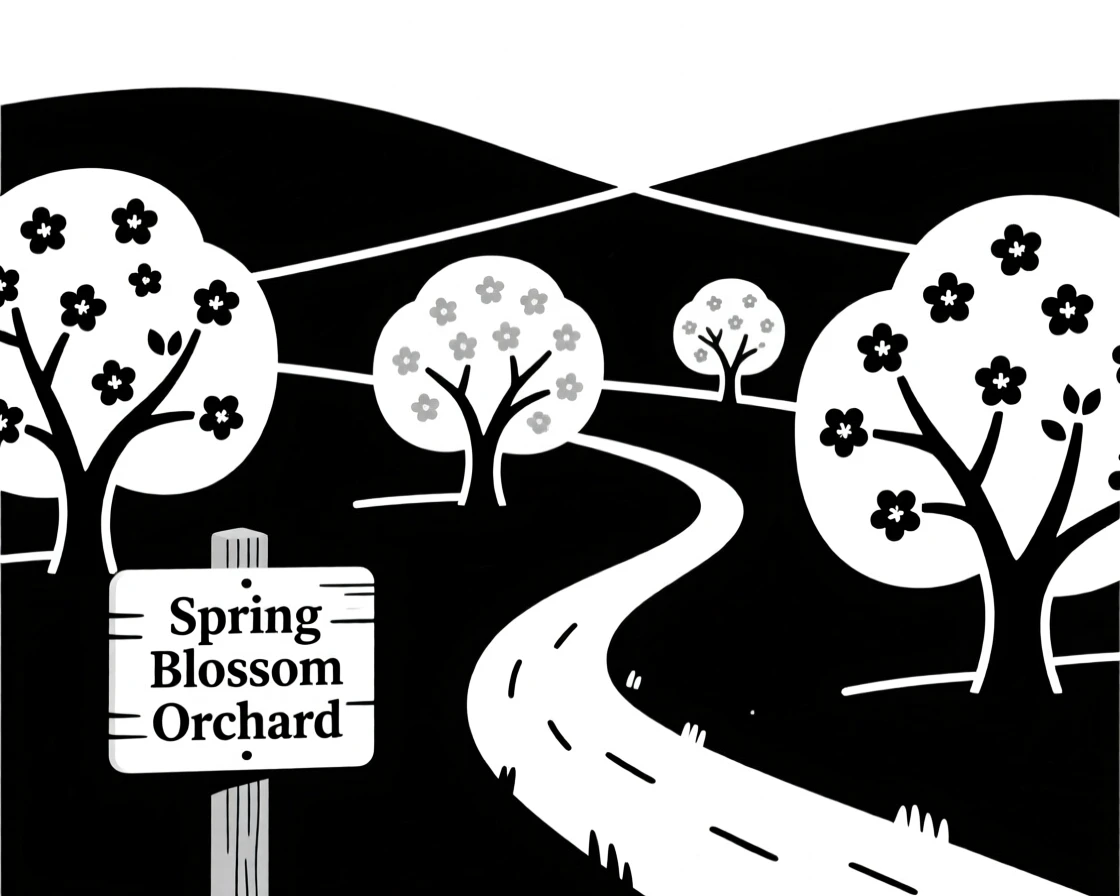 A peaceful countryside orchard in full bloom.