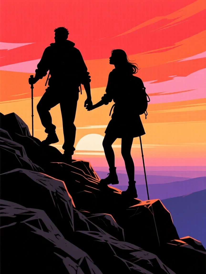 A couple hiking hand in hand up a steep trail, pausing to look back at the view together.