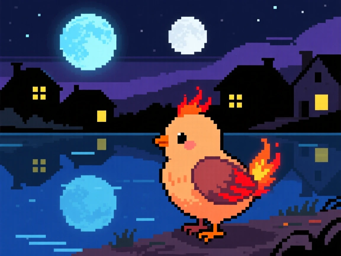 A phoenix chick with tiny embers for feathers watching over a sleeping village at night, beside a lake reflecting two moons.