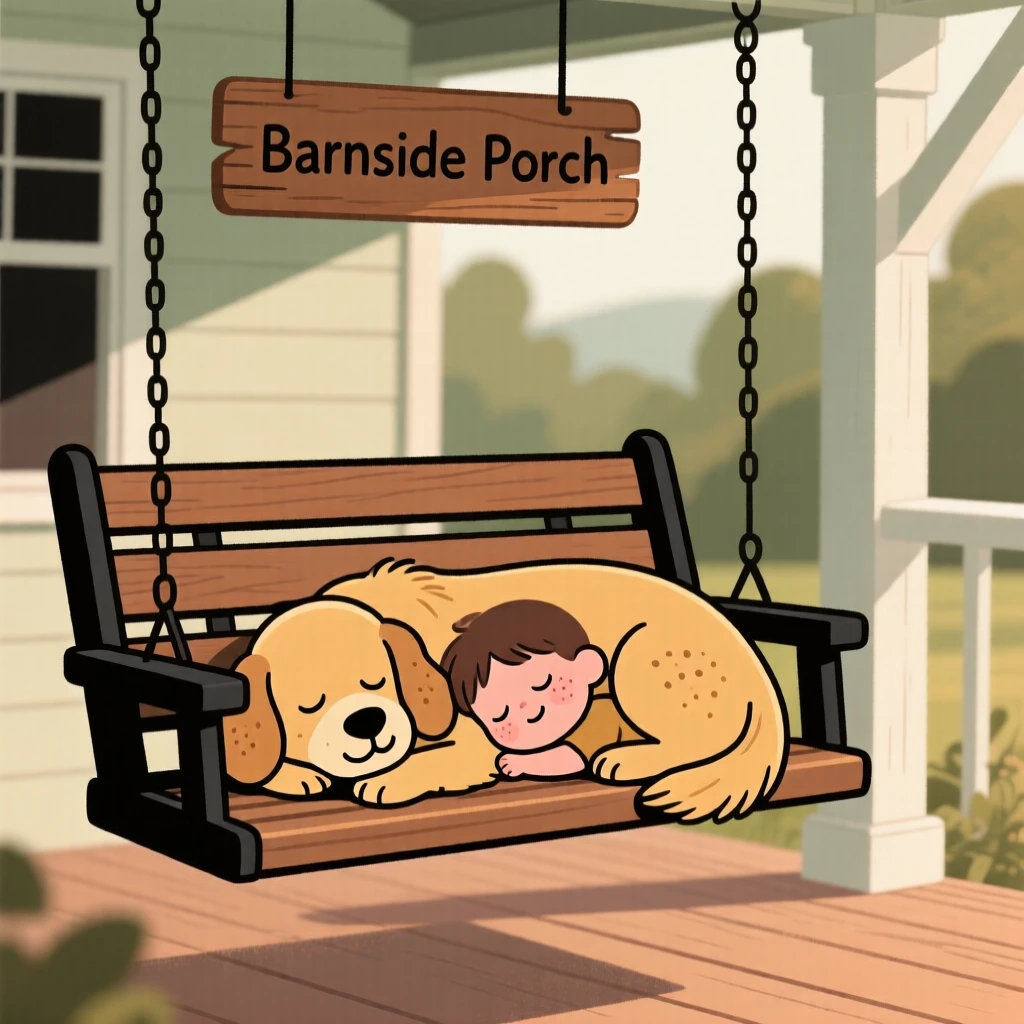 A golden retriever curls up beside a sleeping child on a porch swing, both worn out after an afternoon of exploring the barn.