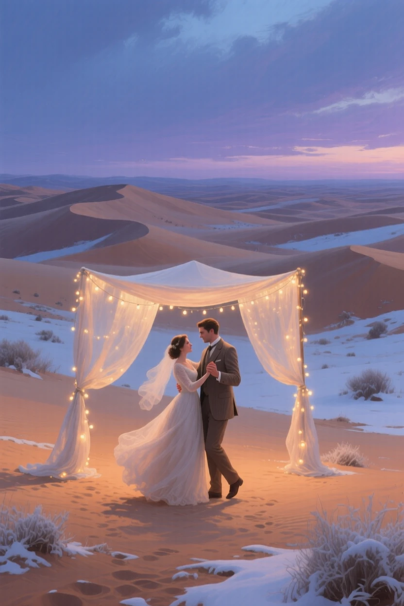 A broad landscape view of a bride and groom sharing their first dance beneath a canopy of fairy lights, in the Sahara desert, in deep winter.