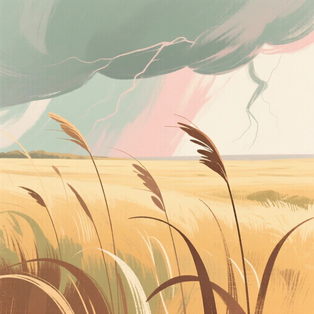 A vast prairie of golden grass swaying beneath a stormy sky
