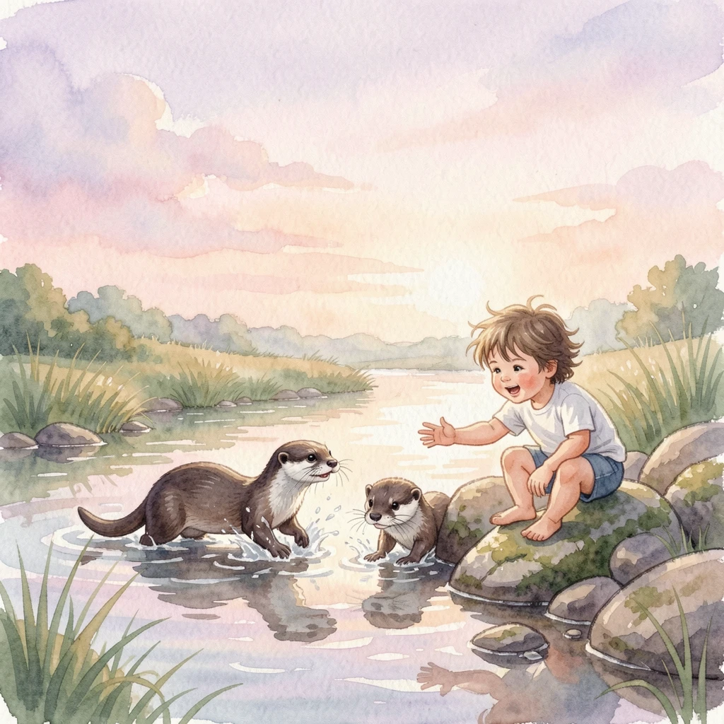 A pair of playful otters against a soft pastel sky playing with a small child nearby.