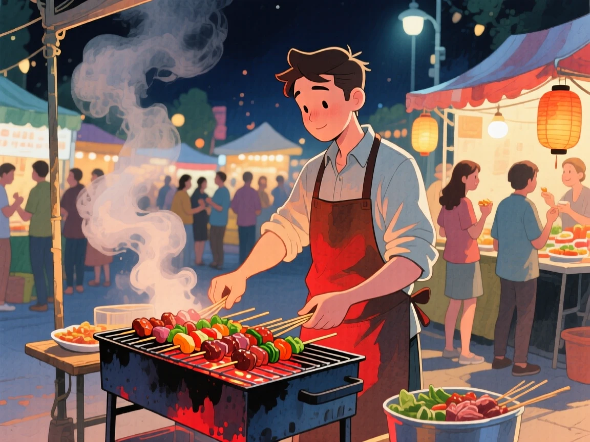 A street vendor grilling skewers over glowing coals at a night market, filled with the simple pleasure of good food and good company.