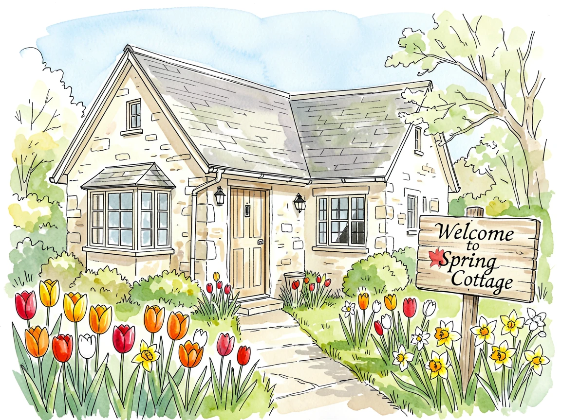 A spring garden bursting with tulips and daffodils around a charming cottage