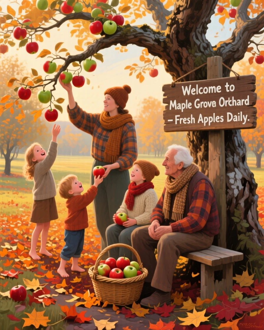 a family gathering apples in an old orchard, on a crisp autumn morning, from an inviting eye-level viewpoint.