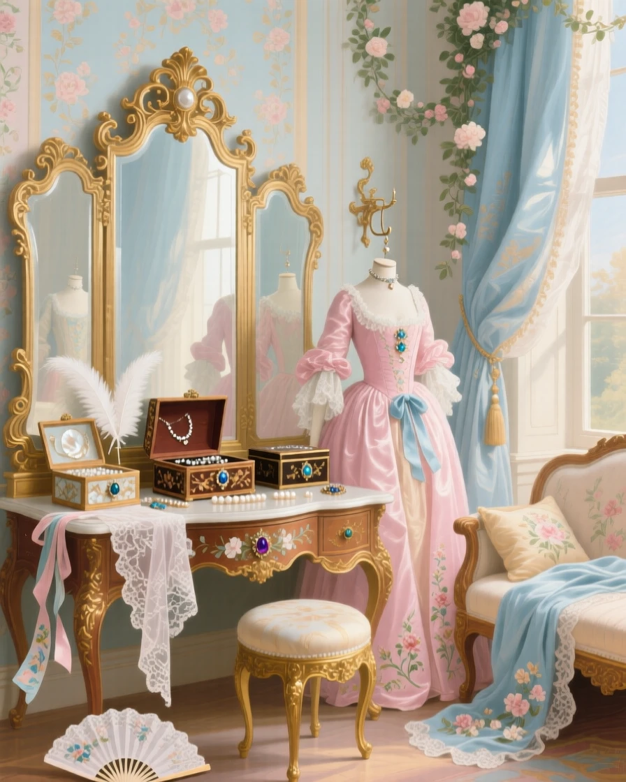 A private dressing chamber with gowns, fans, jewel boxes, and a three-panel mirror  