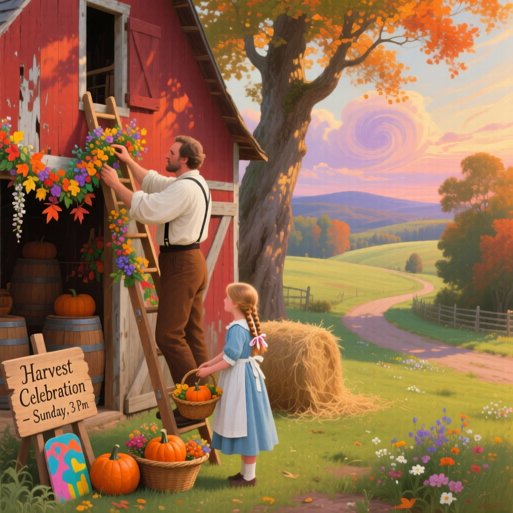 A father and daughter decorate their home for a barn decorated for a celebration on a quiet Sunday afternoon.