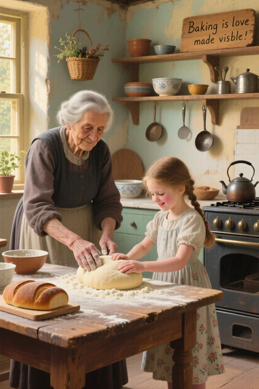 A grandmother teaching her granddaughter to bake bread in a sunlit kitchen, every wrinkle and expression telling a story of a life fully lived, offering a tender and unforgettable glimpse into the human spirit