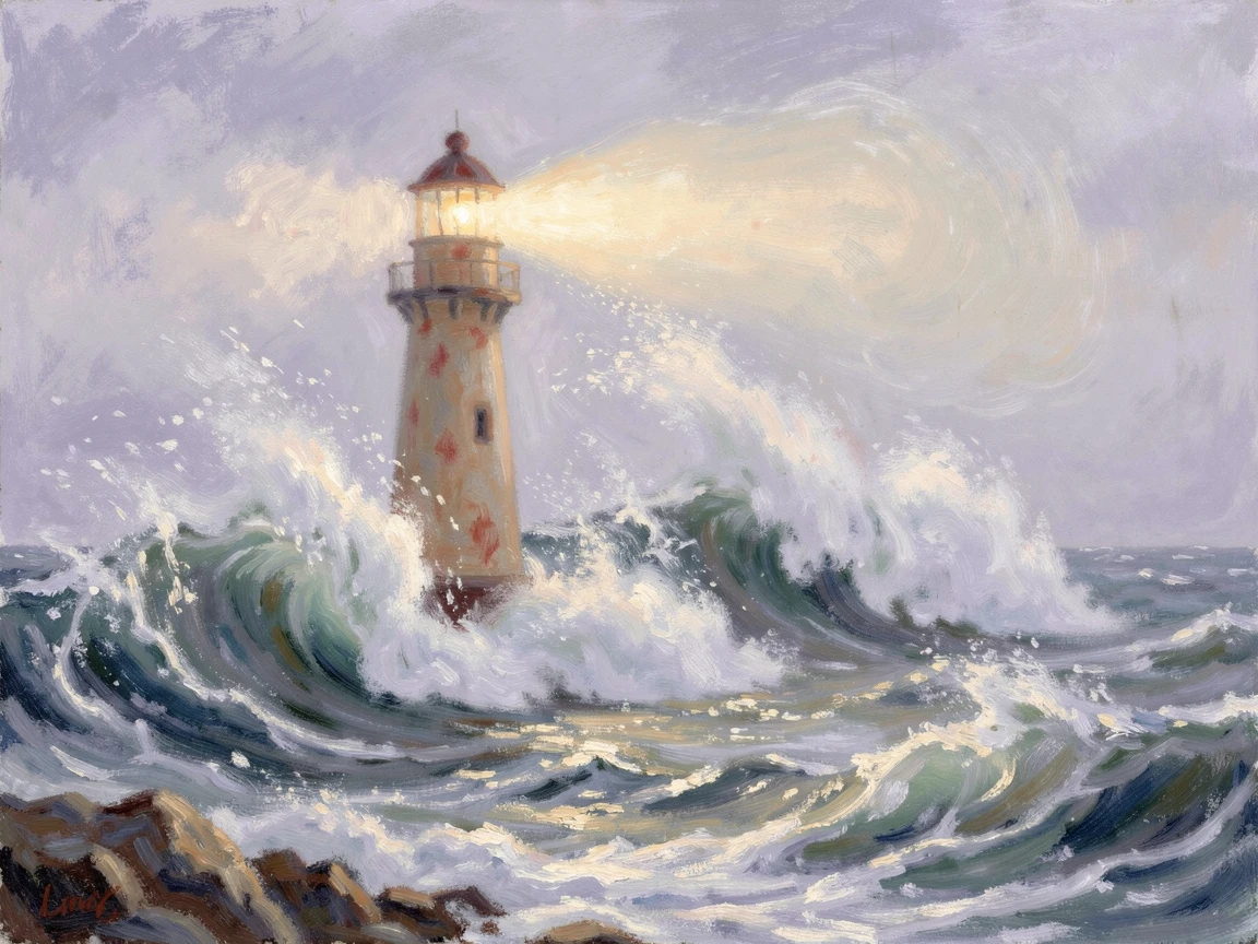 Massive waves crashing against a lighthouse during a fierce coastal storm, spray illuminated by the beacon light.