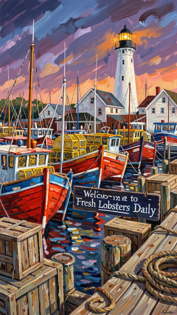 A busy harbor town in New England, lobster boats docked beneath a lighthouse at dusk.