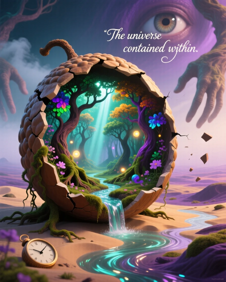 An entire forest thriving inside a cracked-open acorn continues on peacefully, unaware of the giant world beyond it, as a soft hum of unseen life drifts outward.