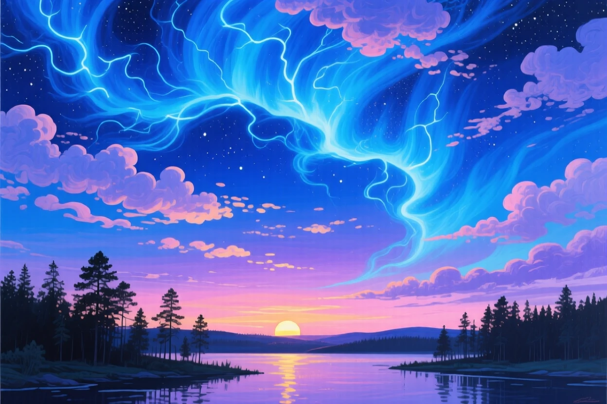 A vivid sky filled with noctilucent clouds glows electric blue over a Scandinavian summer night, the sun barely dipping below the horizon, subtle color shifts across the sky suggesting the slow passage of time within the scene.