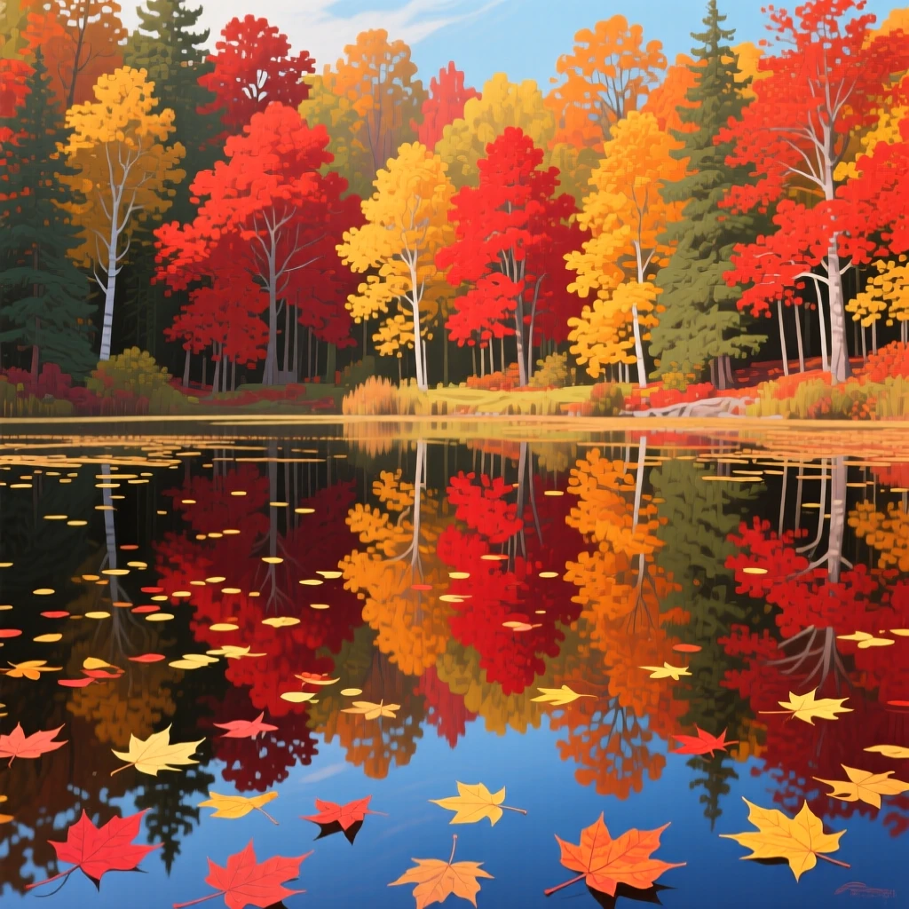 A vibrant autumn forest reflected perfectly in a still lake, red and gold leaves drifting on the surface