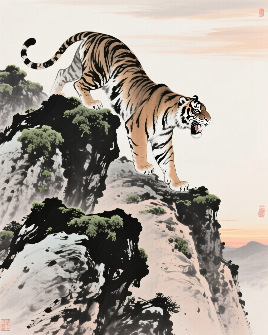 A tiger climbs over moss-covered rocks on a steep slope, as the last light of evening falls across the rocks.