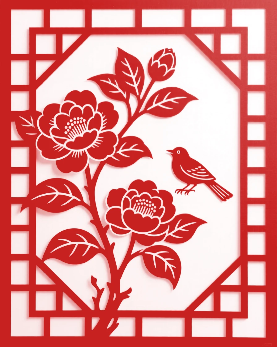 A camellia blossom climbing a lattice trellis in a quiet courtyard, with a small bird perched nearby.