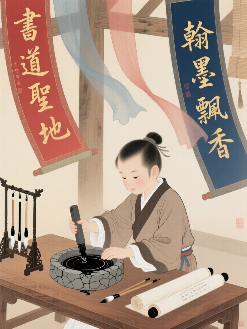 A young apprentice grinding ink for a master calligrapher, beneath banners fluttering in the wind