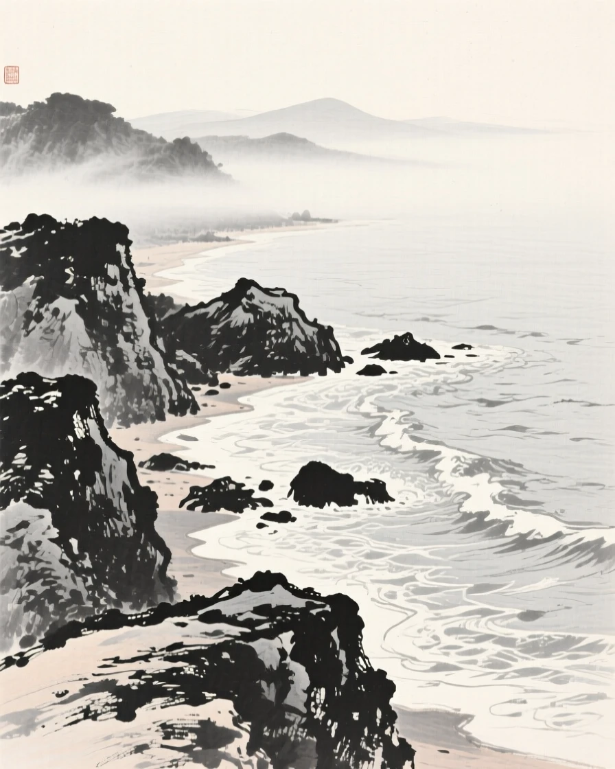 A rocky shoreline swept by gentle incoming tide as thin mist rolls slowly through the lower valley, viewed from a high vantage point looking down across the whole scene, suggesting the quiet vastness of the natural world.