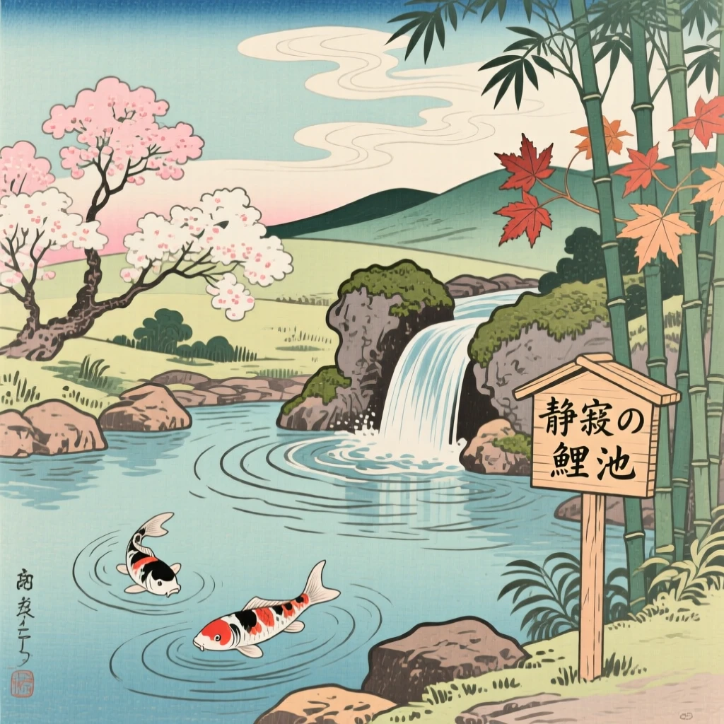 A quiet koi pond, alive with the sound of a hidden waterfall.
