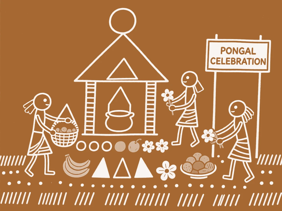 Pongal celebrated as offerings of fruit and flowers are placed before a shrine.