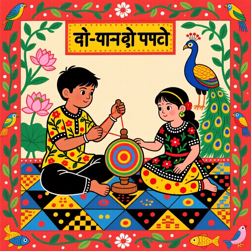 A boy teaching his younger sister to spin a wooden top.